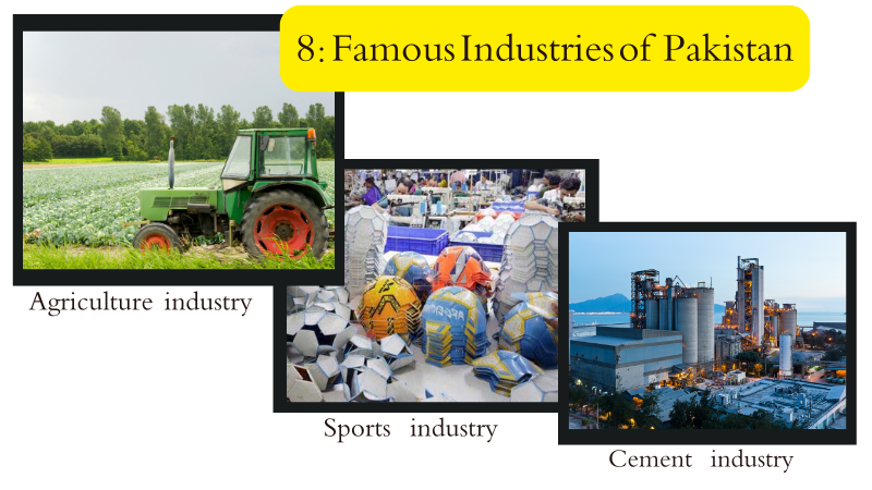Famous industries of Pakistan  include textile, agriculture, cement, leather, sports goods and automobile industry.
